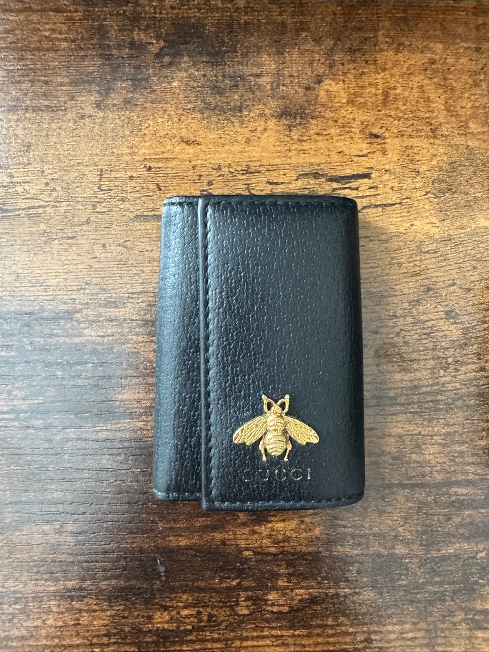 Gucci Black Leather key Case with Gold Bee Emblem